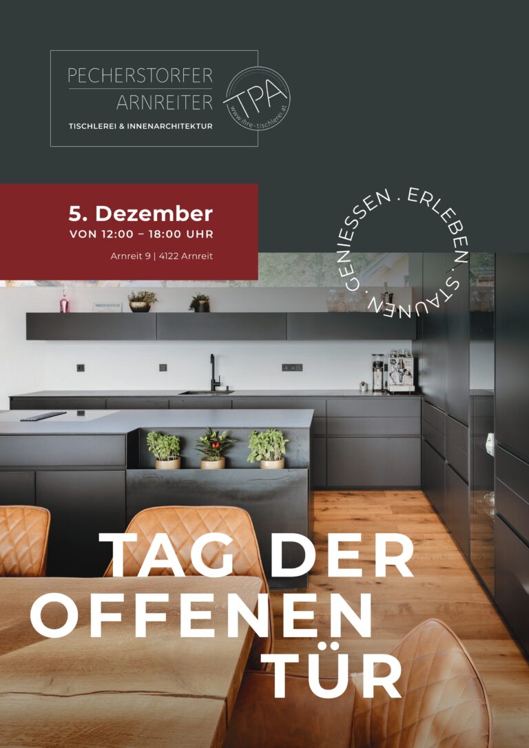 Tag der offenen Tür in der Tischlerei Arnreiter am 5. Dezember 2025 von 12 bis 18 Uhr. Einladung samt Programmhighlights für das Event.
