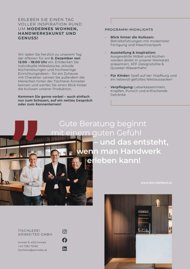 Tag der offenen Tür in der Tischlerei Arnreiter am 5. Dezember 2025 von 12 bis 18 Uhr. Einladung samt Programmhighlights für das Event.
