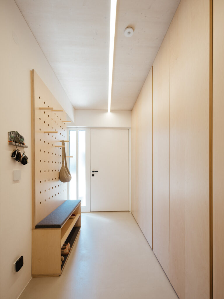 Garderobe und Schrankwand in Birke und weiße Haustüre